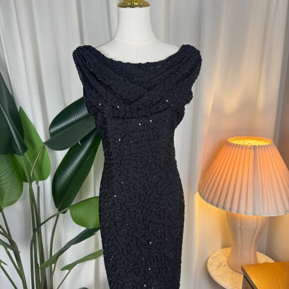Vintage 90s JMD New York Beaded Embellished Cowl Neck Mini Dress sz 14 - Picture 10 of 10